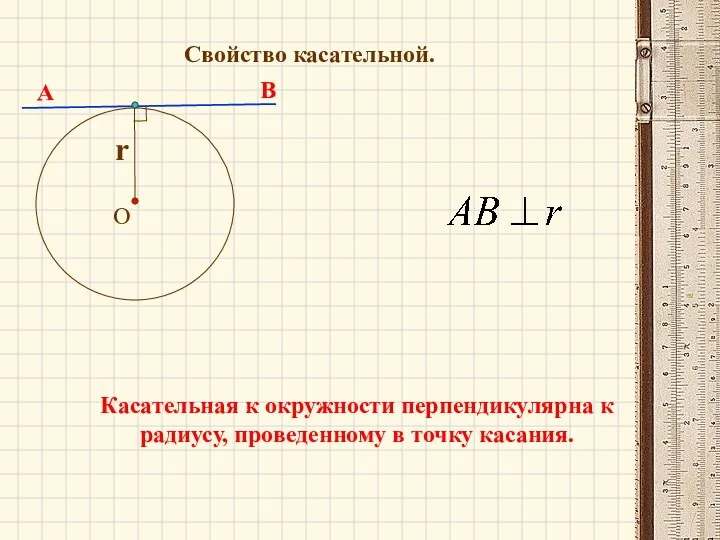 Свойство касательной. Касательная к окружности перпендикулярна к радиусу, проведенному в точку касания. А В