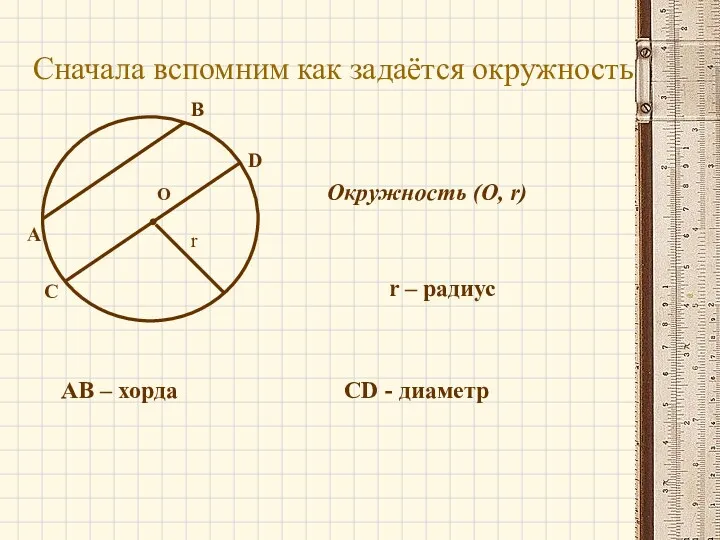 О Сначала вспомним как задаётся окружность Окружность (О, r) r