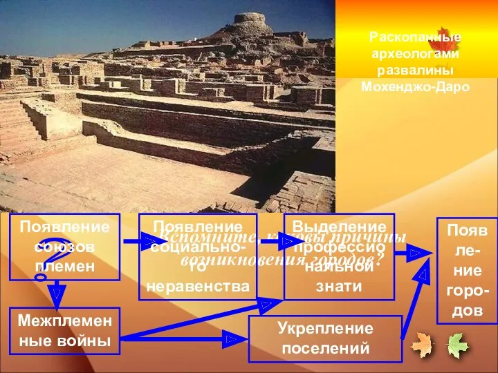 Раскопанные археологами развалины Мохенджо-Даро ? Вспомните, каковы причины возникновения городов?