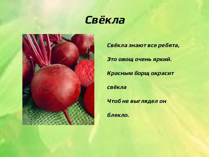 Свёкла Свёкла знают все ребята, Это овощ очень яркий. Красным