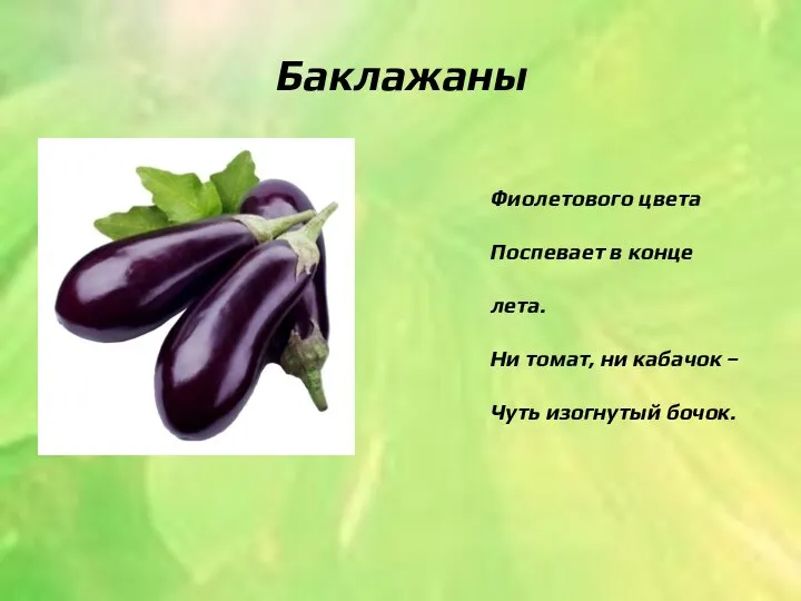 Баклажаны Фиолетового цвета Поспевает в конце лета. Ни томат, ни кабачок – Чуть изогнутый бочок.