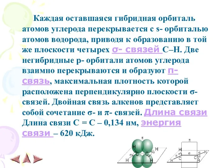 Каждая оставшаяся гибридная орбиталь атомов углерода перекрывается с s- орбиталью