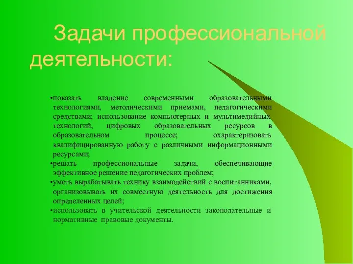 Задачи профессиональной деятельности: показать владение современными образовательными технологиями, методическими приемами,