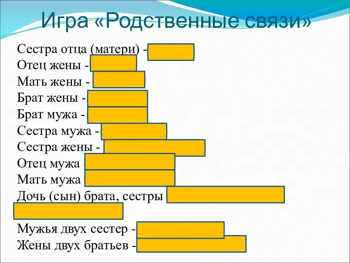 Сестра отца (матери) - ТЕТЯ Отец жены - ТЕСТЬ Мать