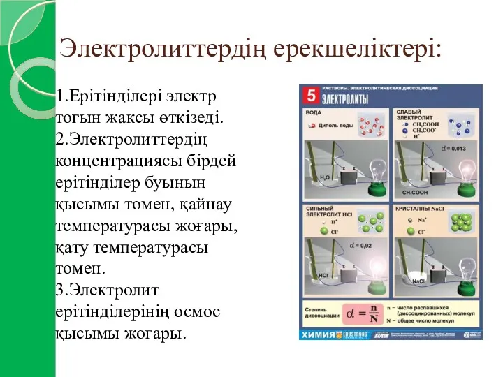 Электролиттердің ерекшеліктері: 1.Ерітінділері электр тогын жаксы өткізеді. 2.Электролиттердің концентрациясы бірдей