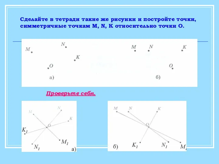 Сделайте в тетради такие же рисунки и постройте точки, симметричные точкам M, N,