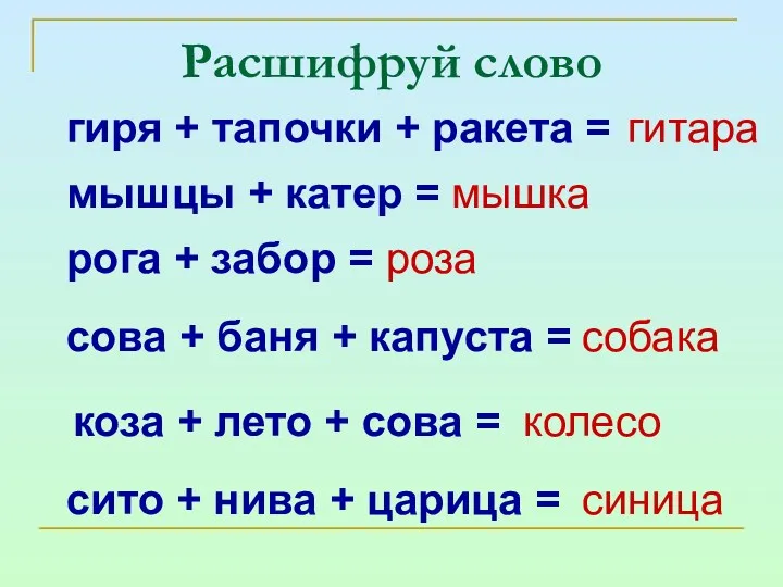 Расшифруй слово гиря + тапочки + ракета = мышцы +