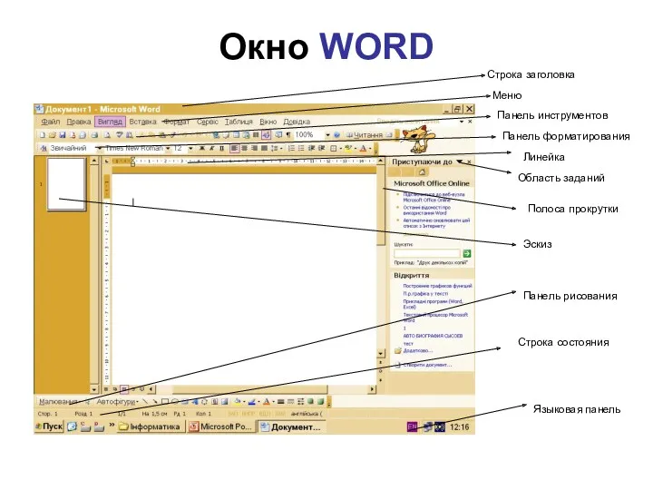 Окно WORD Строка заголовка Меню Панель инструментов Панель форматирования Линейка