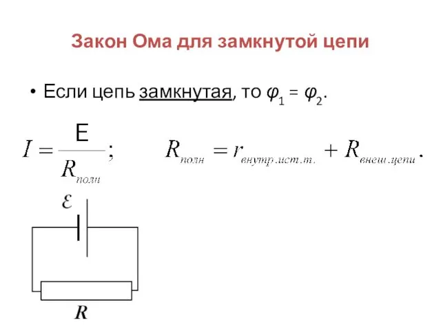 Закон Ома для замкнутой цепи Если цепь замкнутая, то φ1 = φ2.