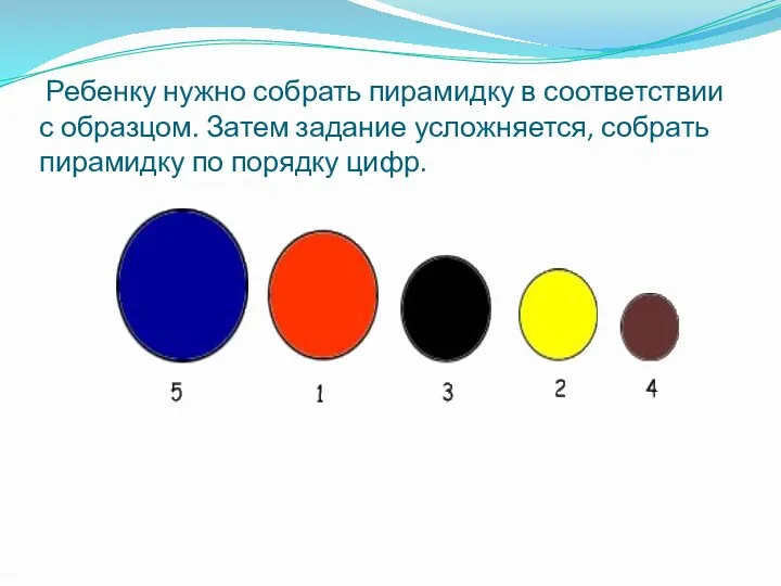 Ребенку нужно собрать пирамидку в соответствии с образцом. Затем задание усложняется, собрать пирамидку по порядку цифр.