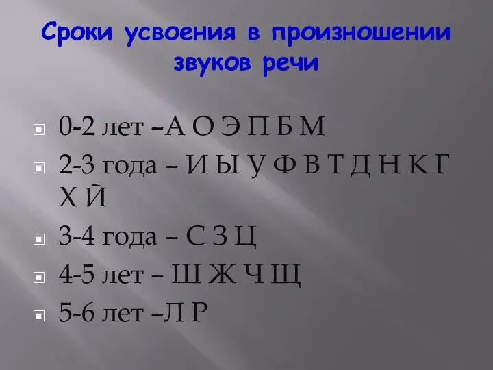 Сроки усвоения в произношении звуков речи 0-2 лет –А О