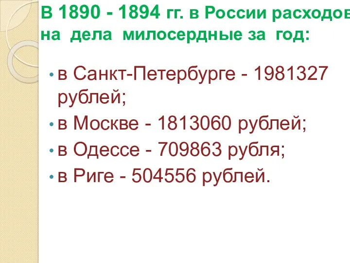 В 1890 - 1894 гг. в России расходовали на дела милосердные за год: