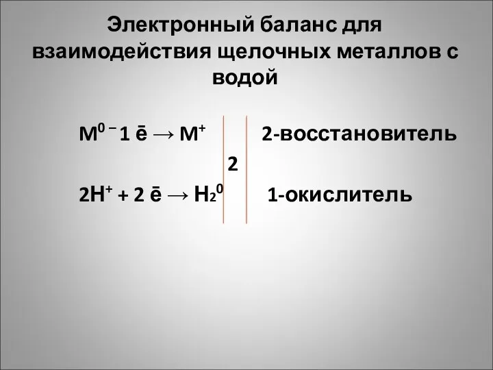 Электронный баланс для взаимодействия щелочных металлов с водой M0 –