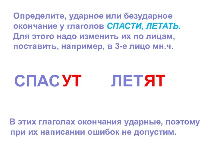 Определите, ударное или безударное окончание у глаголов СПАСТИ, ЛЕТАТЬ. Для