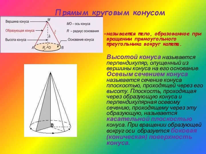Прямым круговым конусом называется тело, образованное при вращении прямоугольного треугольника