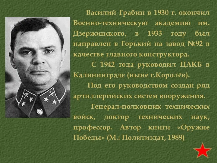 Василий Грабин в 1930 г. окончил Военно-техническую академию им.Дзержинского, в