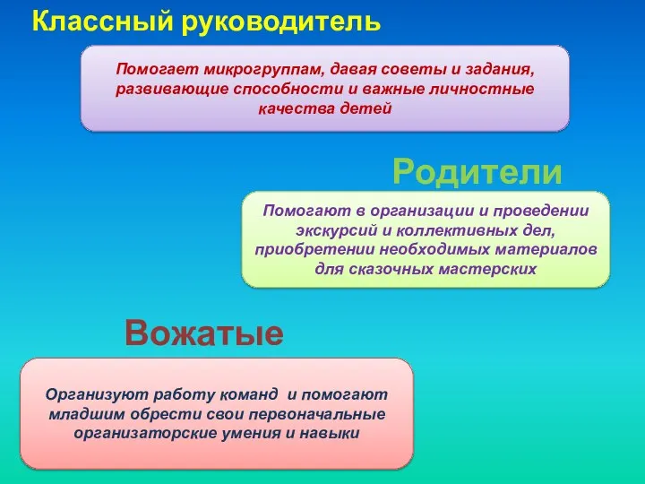 Классный руководитель Вожатые Родители Помогает микрогруппам, давая советы и задания, развивающие способности и