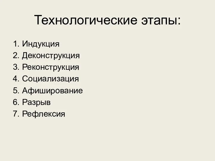 Технологические этапы: 1. Индукция 2. Деконструкция 3. Реконструкция 4. Социализация 5. Афиширование 6. Разрыв 7. Рефлексия