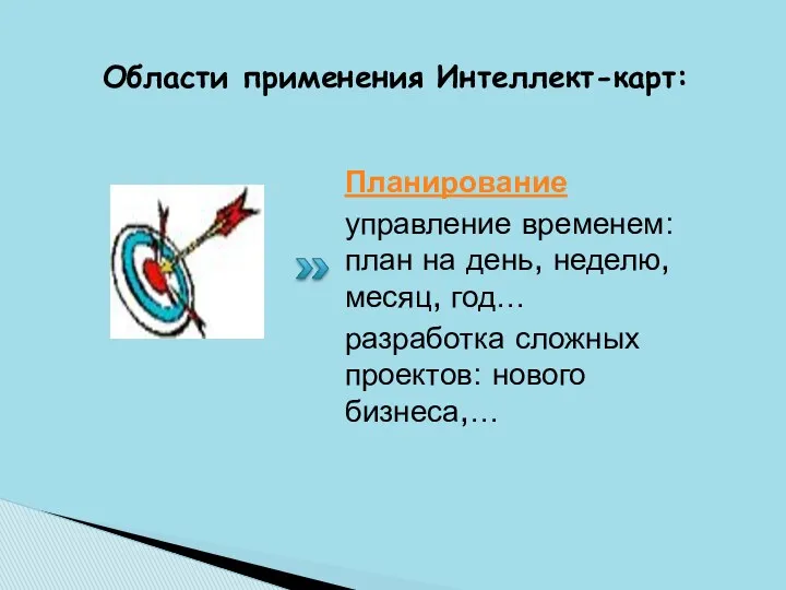 Области применения Интеллект-карт: Планирование управление временем: план на день, неделю,