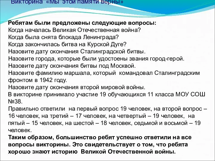 Викторина «Мы этой памяти верны» Ребятам были предложены следующие вопросы: