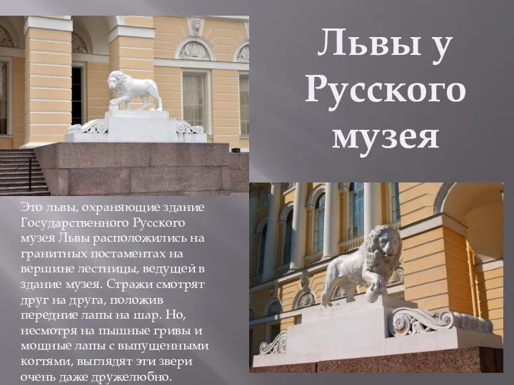 Это львы, охраняющие здание Государственного Русского музея Львы расположились на