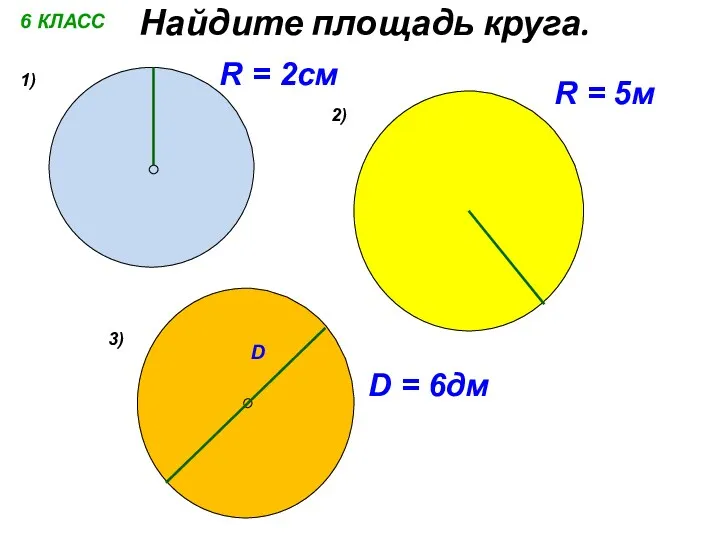 Найдите площадь круга. 1) 2) R = 2см R =