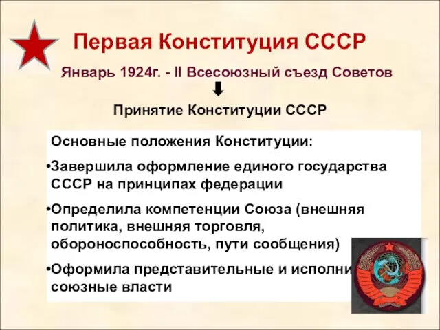 Первая Конституция СССР Январь 1924г. - II Всесоюзный съезд Советов