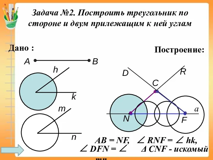 Задача №2. Построить треугольник по стороне и двум прилежащим к ней углам Дано