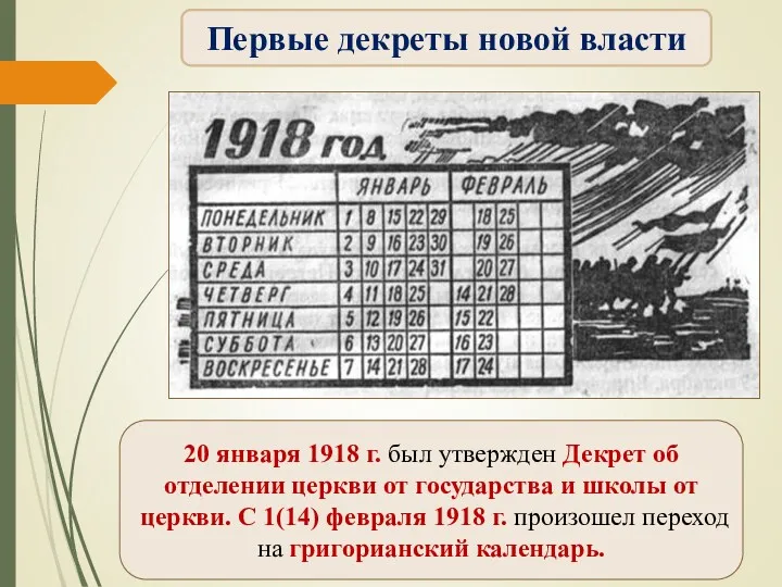 20 января 1918 г. был утвержден Декрет об отделении церкви