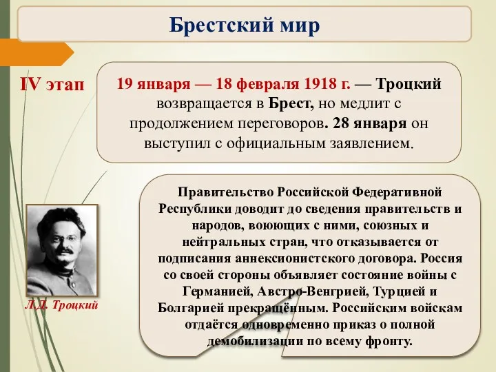 19 января — 18 февраля 1918 г. — Троцкий возвращается