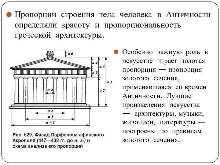 Пропорции строения тела человека в Античности определяли красоту и пропорциональность греческой архитектуры. Особенно
