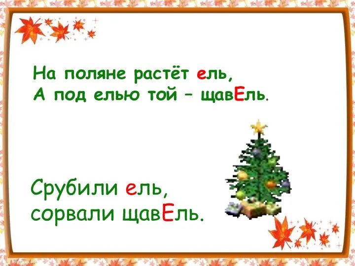 На поляне растёт ель, А под елью той – щавЕль. Срубили ель, сорвали щавЕль.