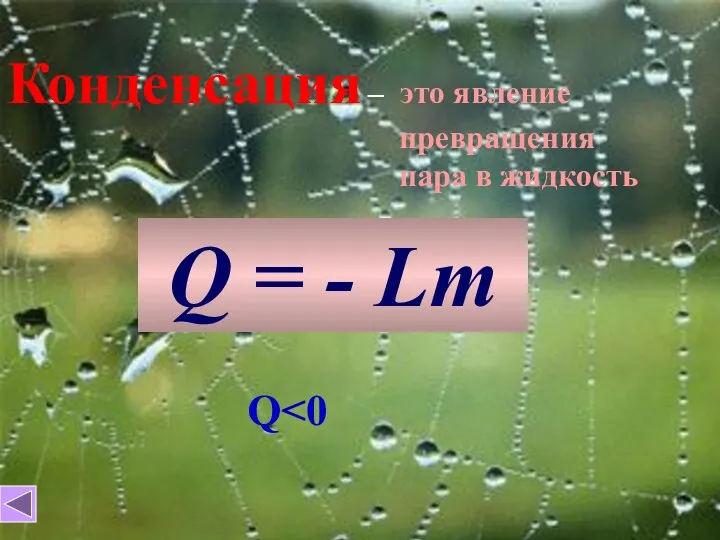 Конденсация – это явление превращения пара в жидкость Q = - Lm Q