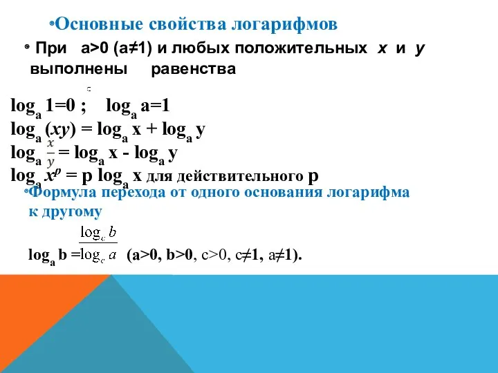 Основные свойства логарифмов При а>0 (а≠1) и любых положительных х и у выполнены
