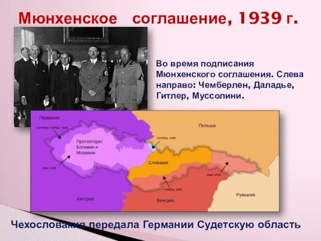 Мюнхенское соглашение, 1939 г. Чехословакия передала Германии Судетскую область Во