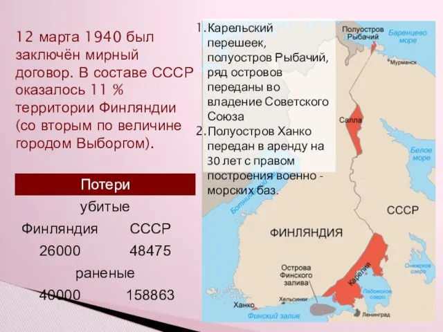 12 марта 1940 был заключён мирный договор. В составе СССР