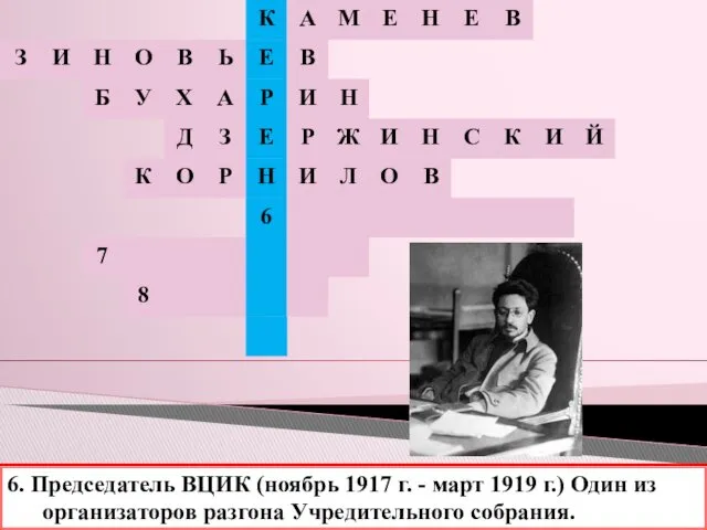 6. Председатель ВЦИК (ноябрь 1917 г. - март 1919 г.) Один из организаторов разгона Учредительного собрания.