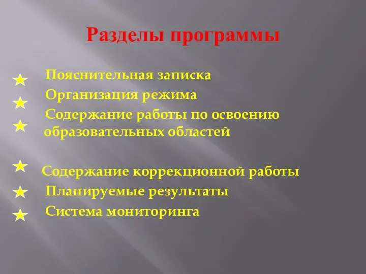 Разделы программы Пояснительная записка Организация режима Содержание работы по освоению