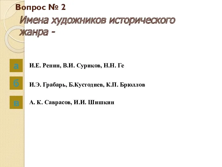 Вопрос № 2 Имена художников исторического жанра - а б в И.Е. Репин,