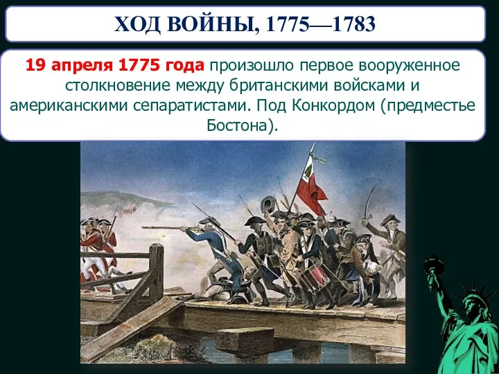 ХОД ВОЙНЫ, 1775—1783 19 апреля 1775 года произошло первое вооруженное