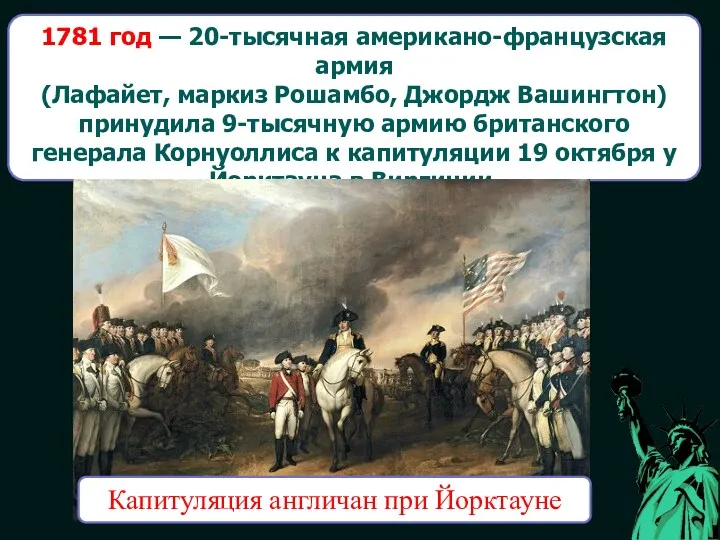 1781 год — 20-тысячная американо-французская армия (Лафайет, маркиз Рошамбо, Джордж