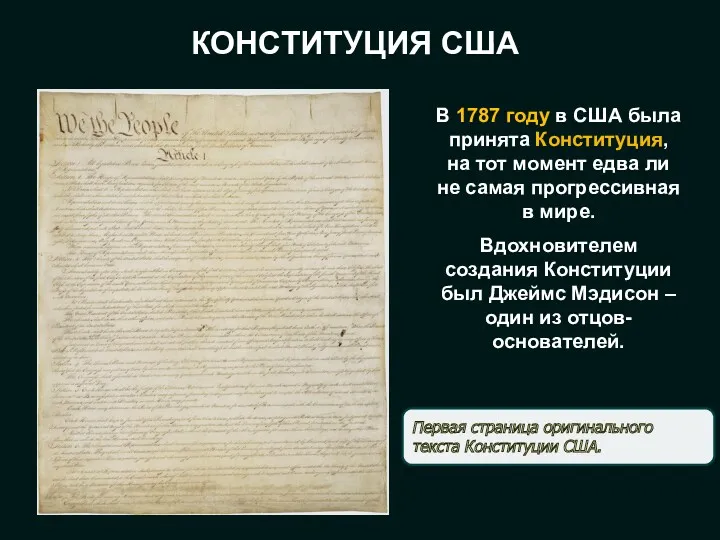 КОНСТИТУЦИЯ США В 1787 году в США была принята Конституция,