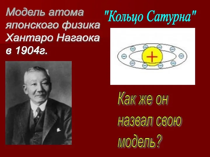 Модель атома японского физика Хантаро Нагаока в 1904г. Как же он назвал свою модель? "Кольцо Сатурна"