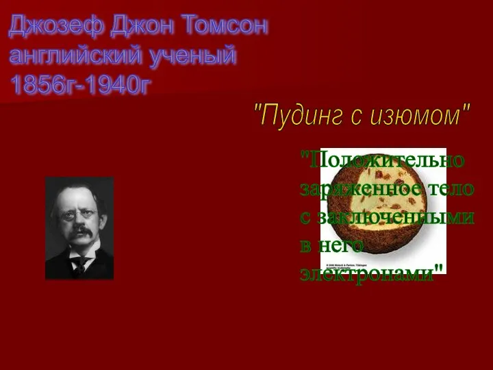 Джозеф Джон Томсон английский ученый 1856г-1940г "Пудинг с изюмом" "Положительно