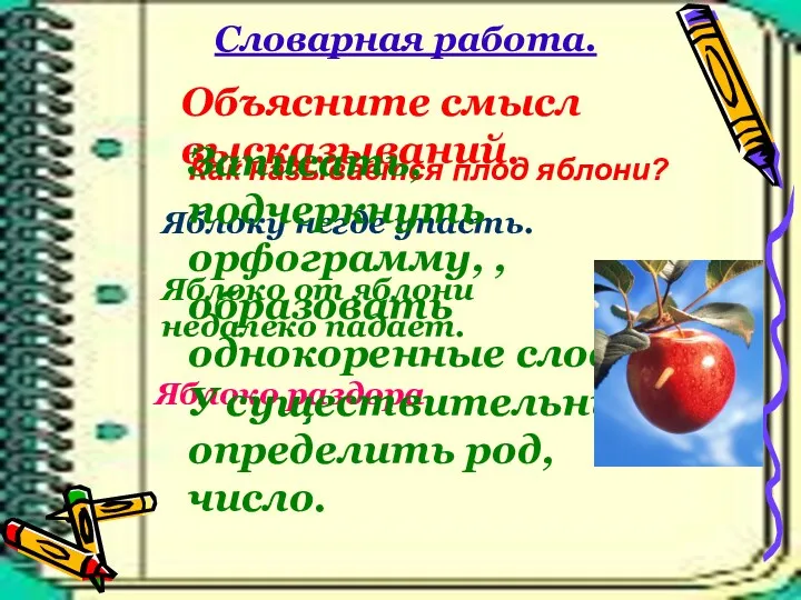 Словарная работа. Как называется плод яблони? Объясните смысл высказываний. Яблоку