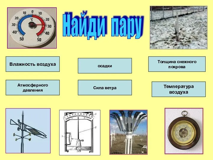 осадки Толщина снежного покрова Атмосферного давления Сила ветра Влажность воздуха Температура воздуха Найди пару