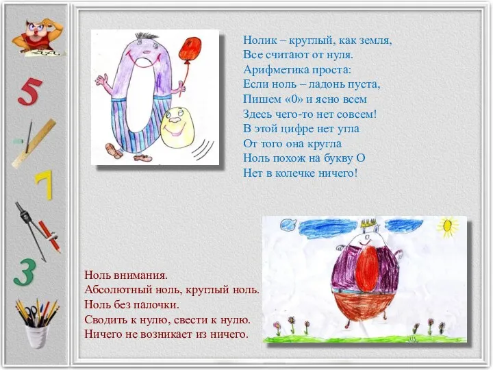 Нолик – круглый, как земля, Все считают от нуля. Арифметика