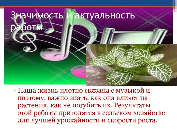 Значимость и актуальность работы: Наша жизнь плотно связана с музыкой