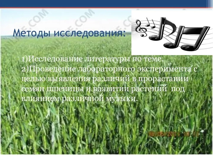 Методы исследования: 1)Исследование литературы по теме. 2)Проведение лабораторного эксперимента с