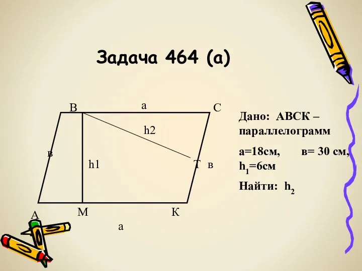 Задача 464 (a) а Дано: АВСК – параллелограмм а=18см, в= 30 см, h1=6см Найти: h2